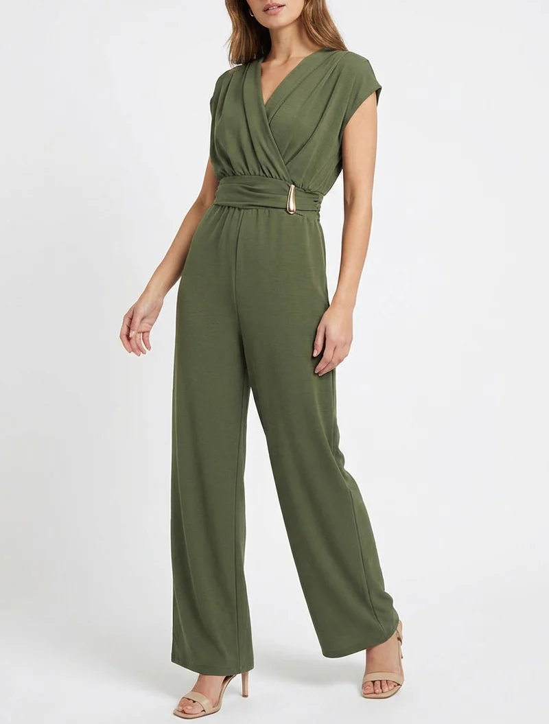 Ruime jumpsuit met wikkeloverslag en draperend effect - Kaki - Image 4