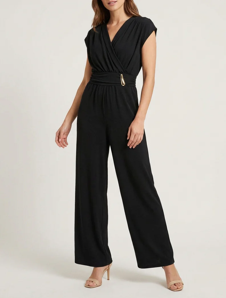 Ruime jumpsuit met wikkeloverslag en draperend effect - Zwart - Image 4