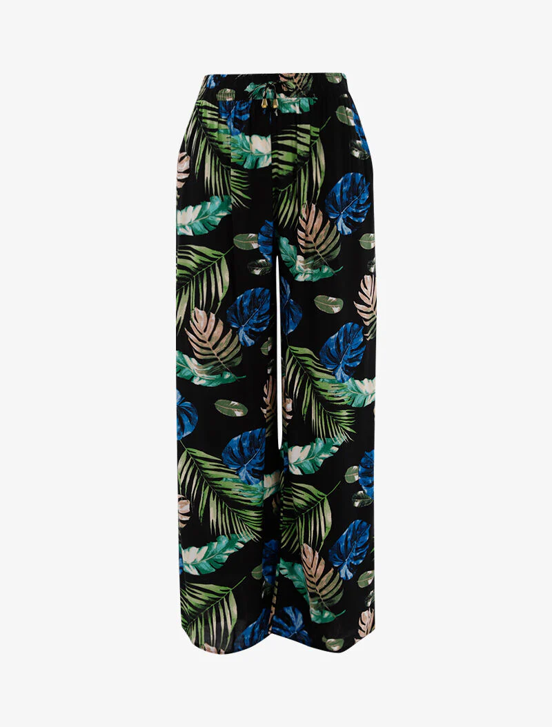 Wijde broek met tropische print - zwart