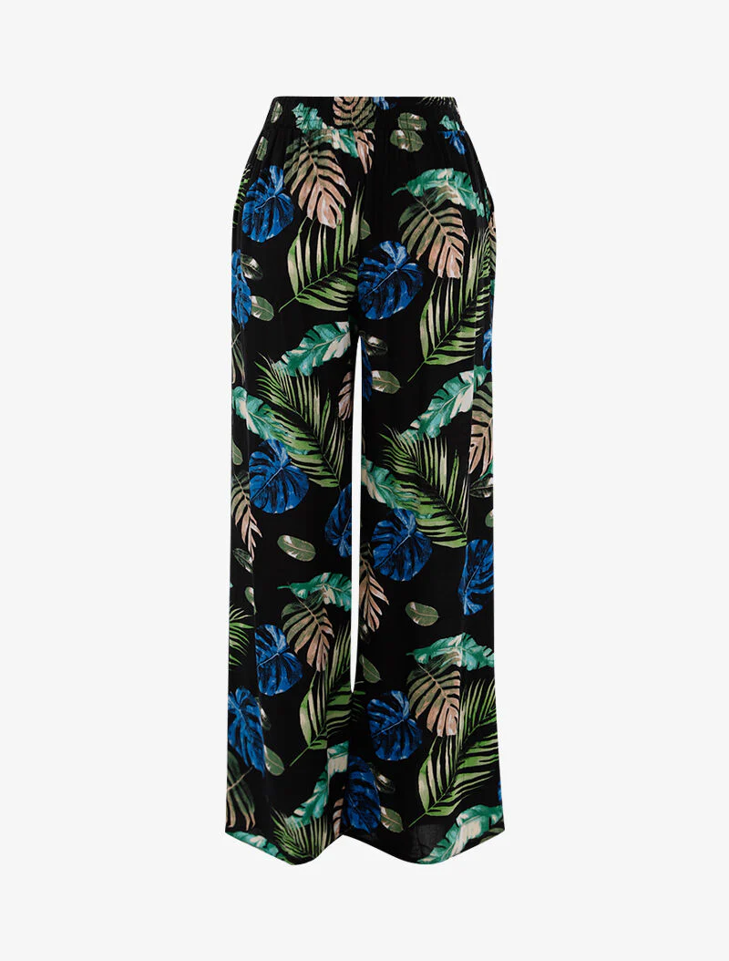 Wijde broek met tropische print - zwart - Image 2