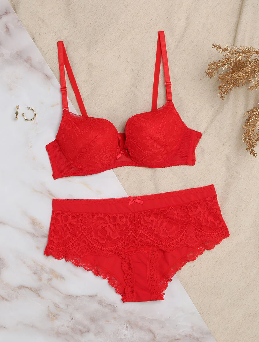 Samen kanten set met strikjes - Rood