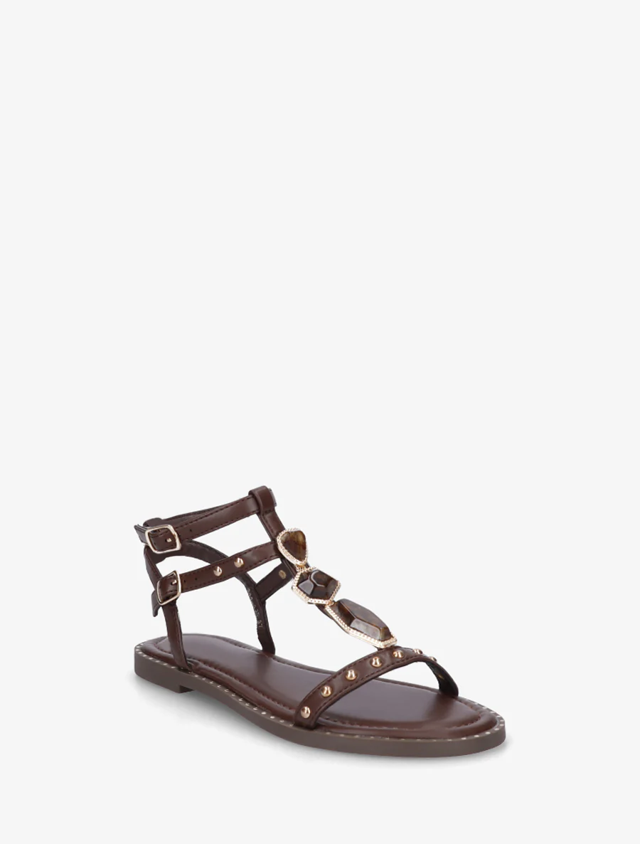 Sandalen van imitatieleer met stenen inzetstukken - Bruin - Image 2