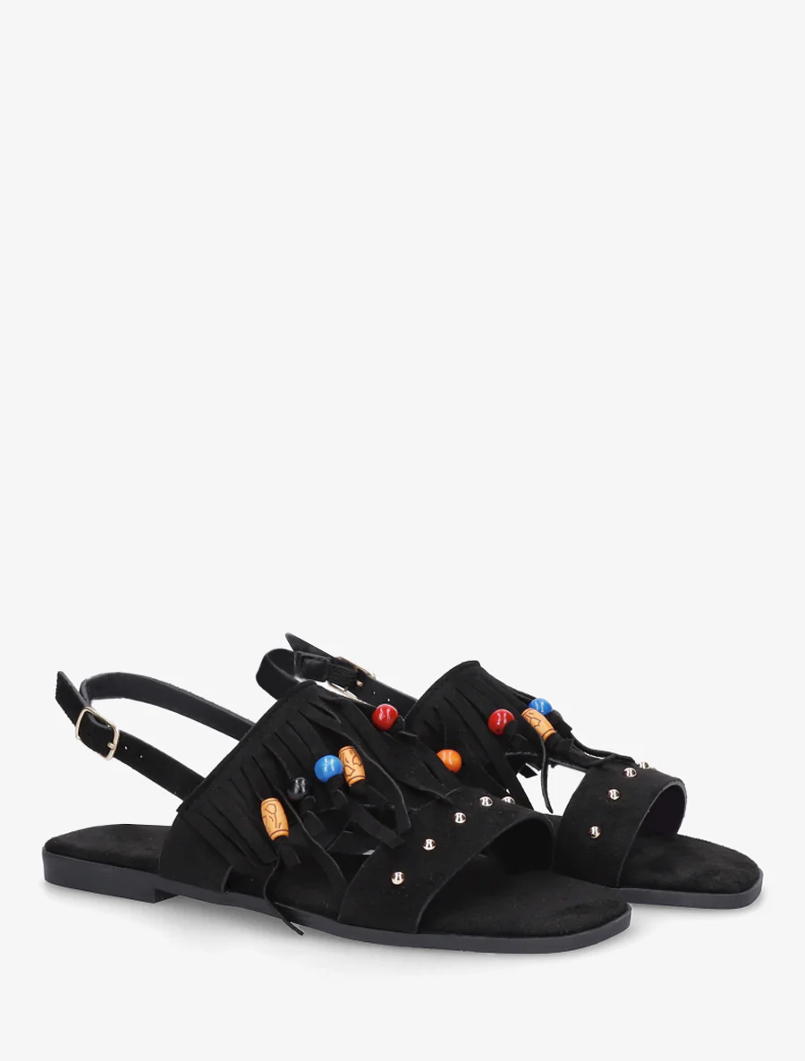 Sandalen van suèdine met franjes en houten kralen. - Zwart - Image 4