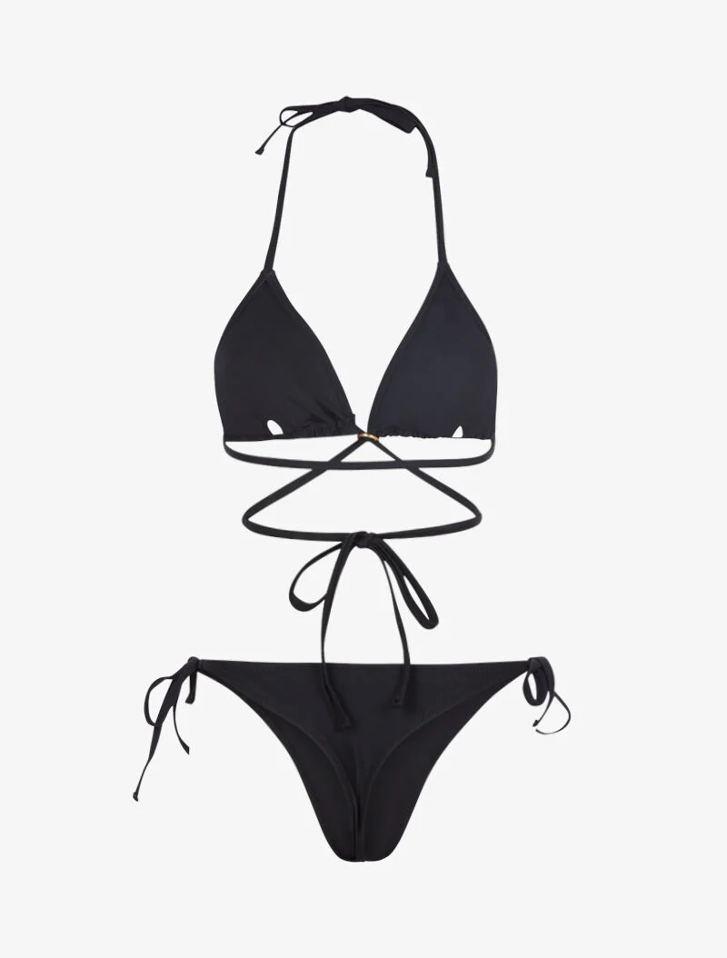 Satijnen bikini met striksluiting - zwart - Image 2