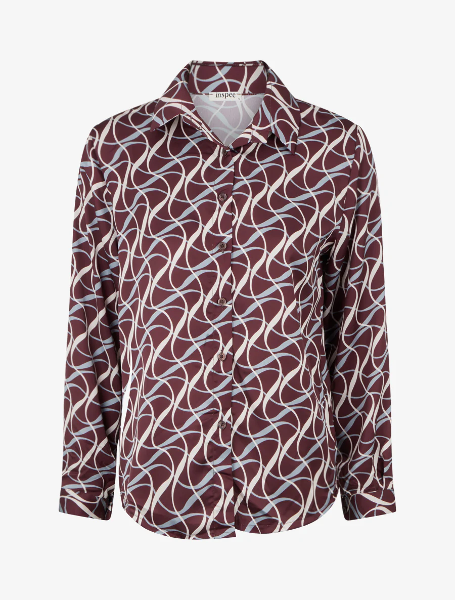 Satijnen blouse met grafische print - Pruim