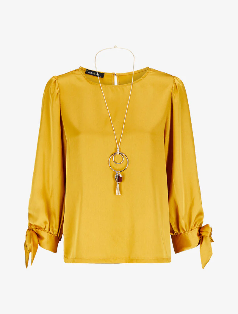 Satijnen blouse met knoopmanchetten - Mosterdgeel