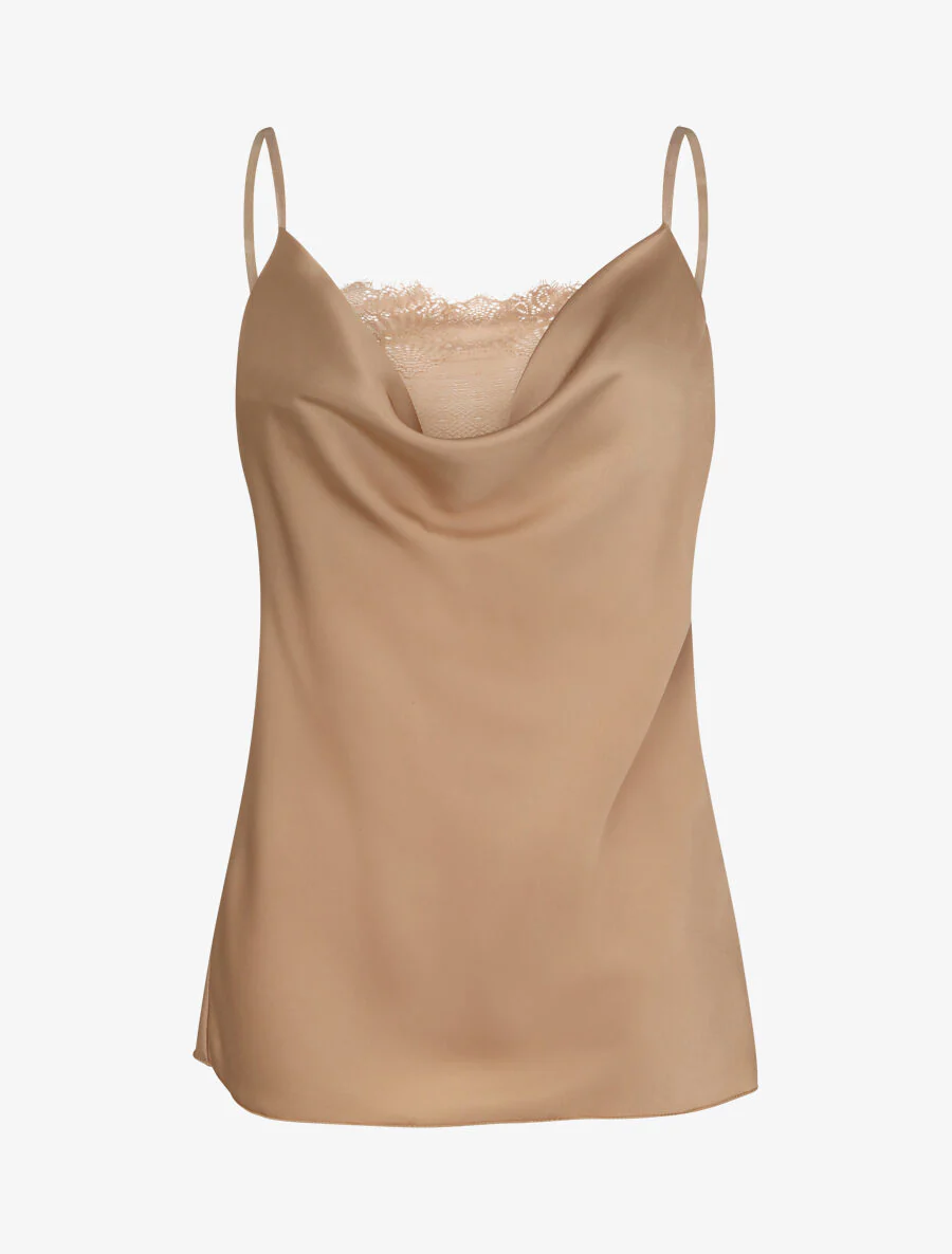Satijnen rechte jurk met bénitierhals en kant - Beige