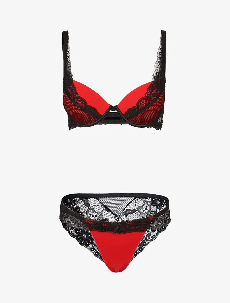 Satijnen set met inzetstukken van gaas en kant - zwart/rood