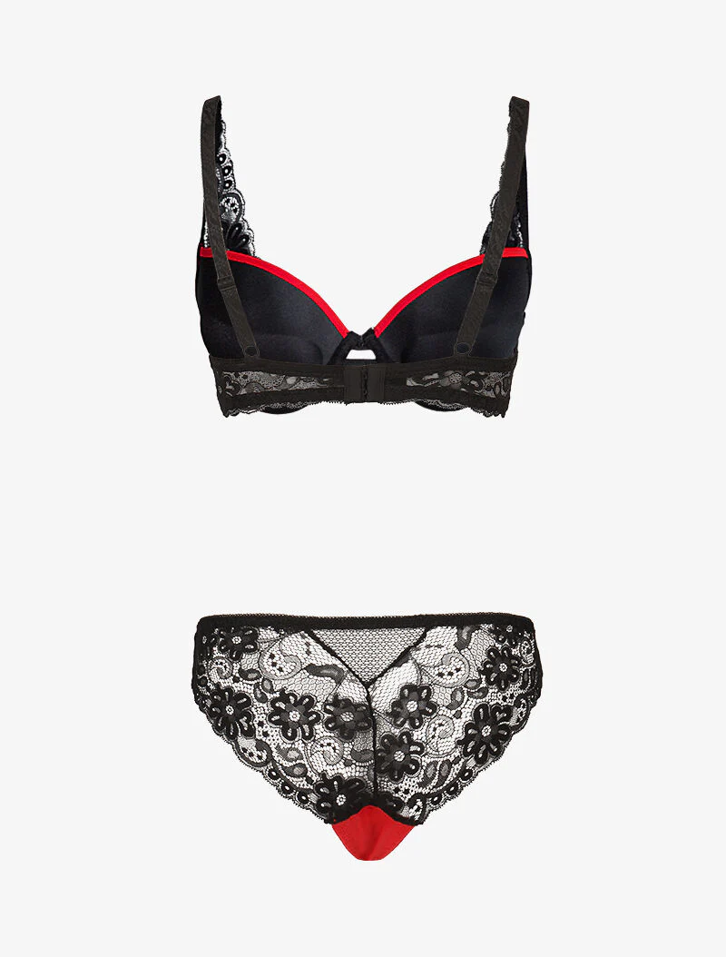 Satijnen set met inzetstukken van gaas en kant - zwart/rood - Image 2