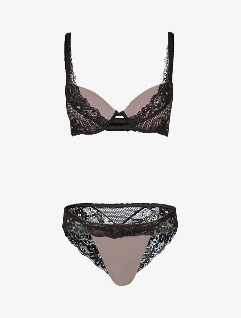 Satijnen set met inzetstukken van gaas en kant - zwart/gris foncé