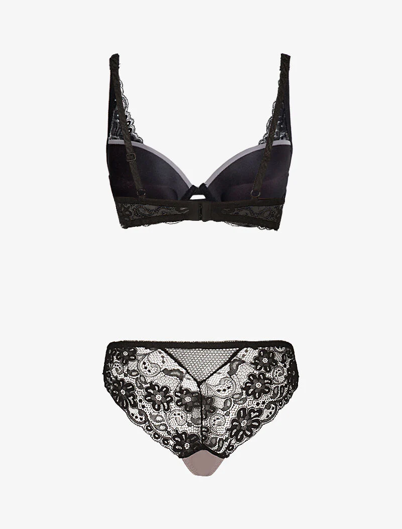 Satijnen set met inzetstukken van gaas en kant - zwart/gris foncé - Image 2