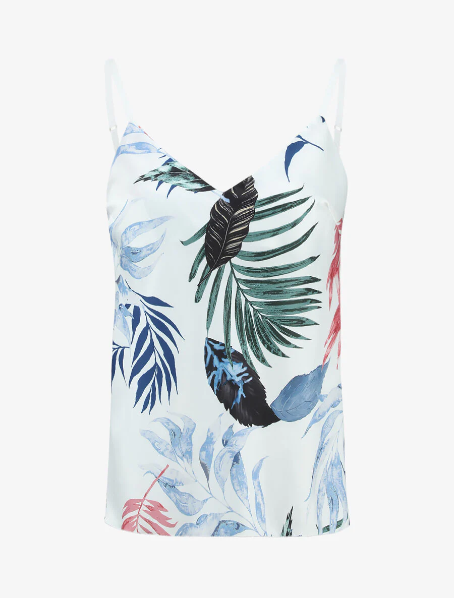 Satijnen tanktop met bladenprint - Lichtblauw