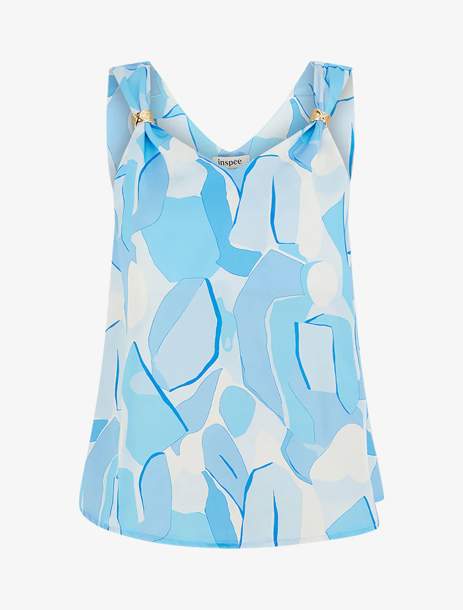 Satijnen top met abstracte juweelprint - Lichtblauw