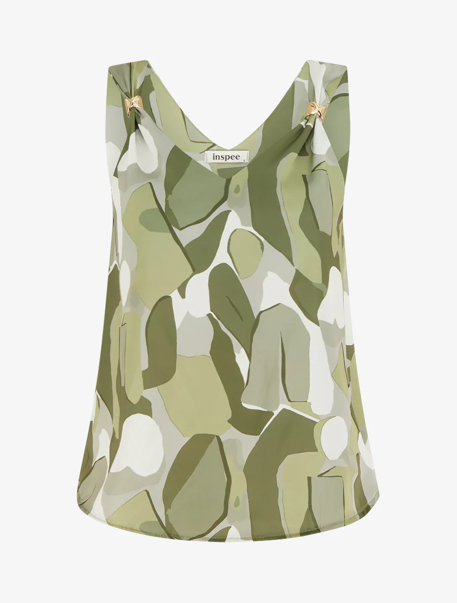 Satijnen top met abstracte juweelprint - Kaki