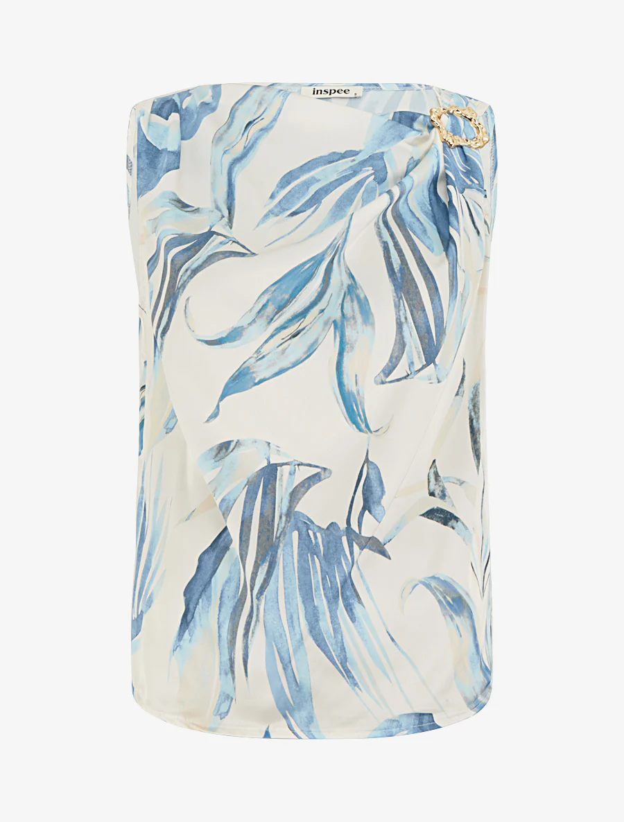 Satijnen top met bladenprint en sierlijke bandjes. - Blauw