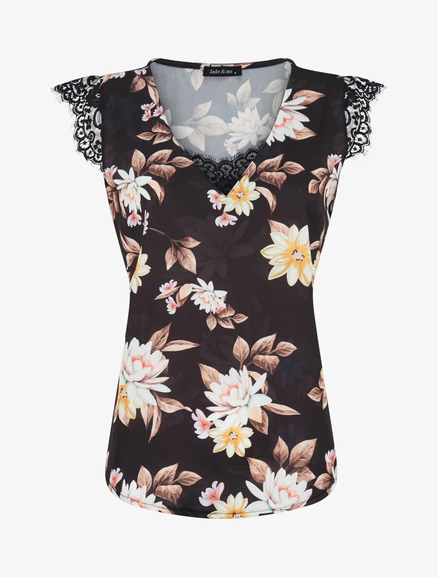 Satijnen top met lotusbloemenprint en kanten detail - zwart