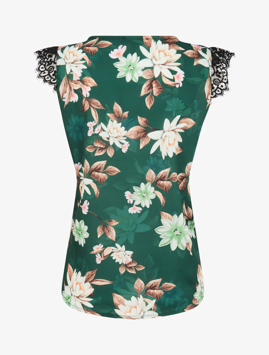 Satijnen top met lotusbloemenprint en kanten detail - Smaragdgroen - Image 2