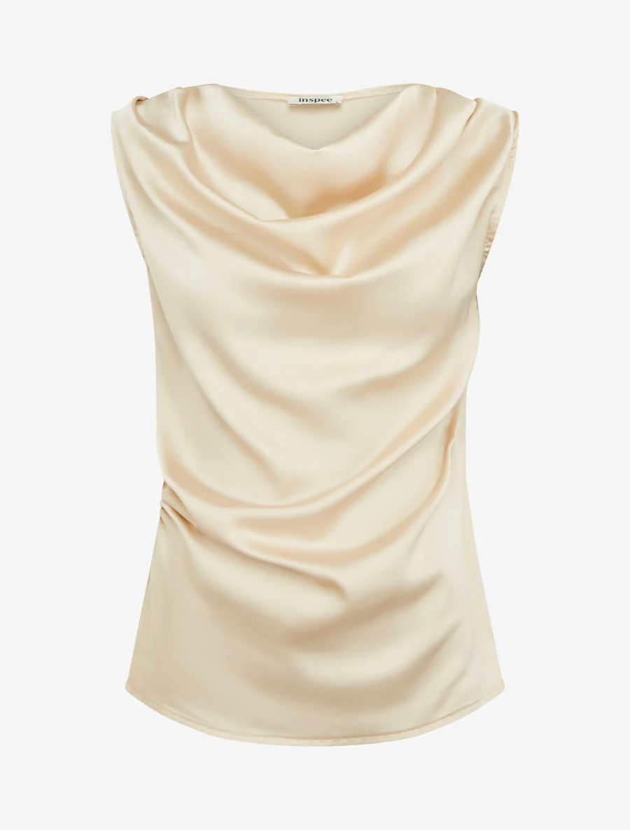 Satijnen top met watervalhals. - Beige