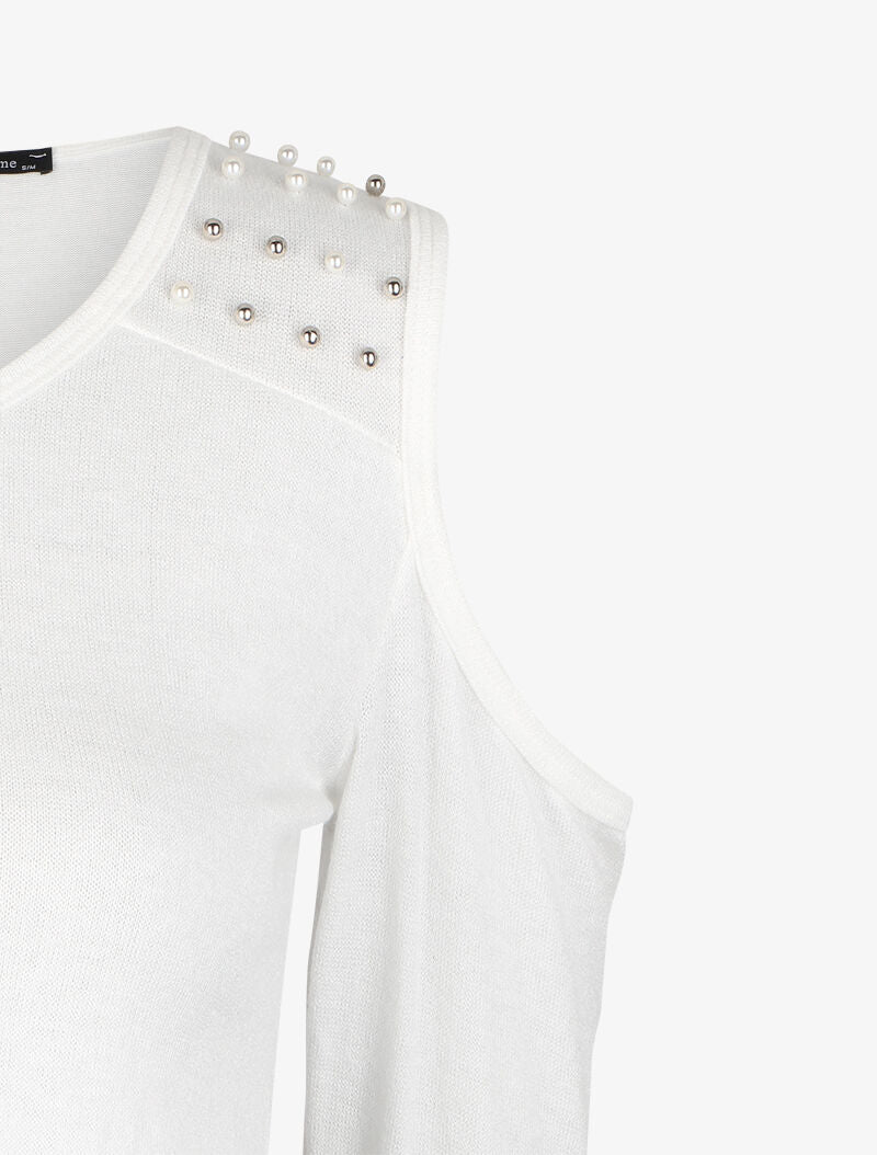 Off-shoulder trui versierd met parels - Wit - Image 3