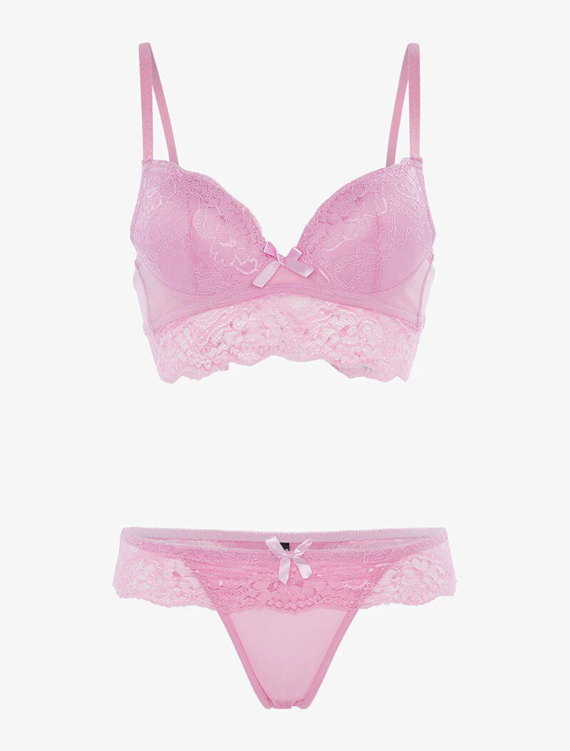 Set van bustier bh in kant en string - roze
