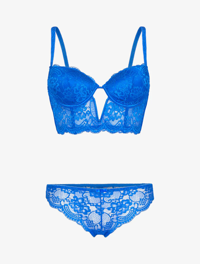 Buste set in bloemenkant - elektrisch blauw