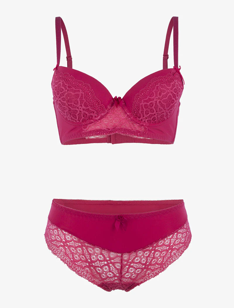 Buste set met kleine bloemen in kant - framboosrood - rood