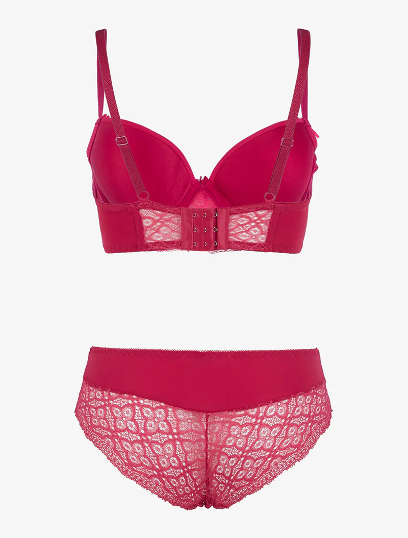 Buste set met kleine bloemen in kant - framboosrood - rood - Image 2