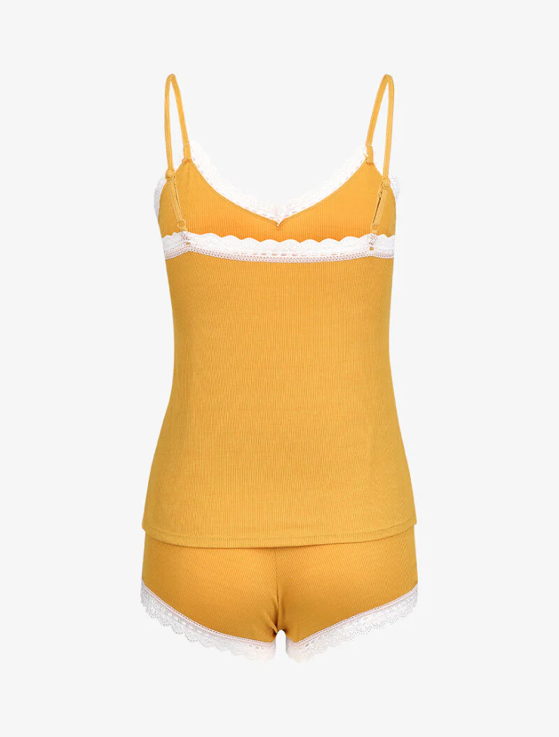 Geribbelde cami en shorty set - Geel - Image 2