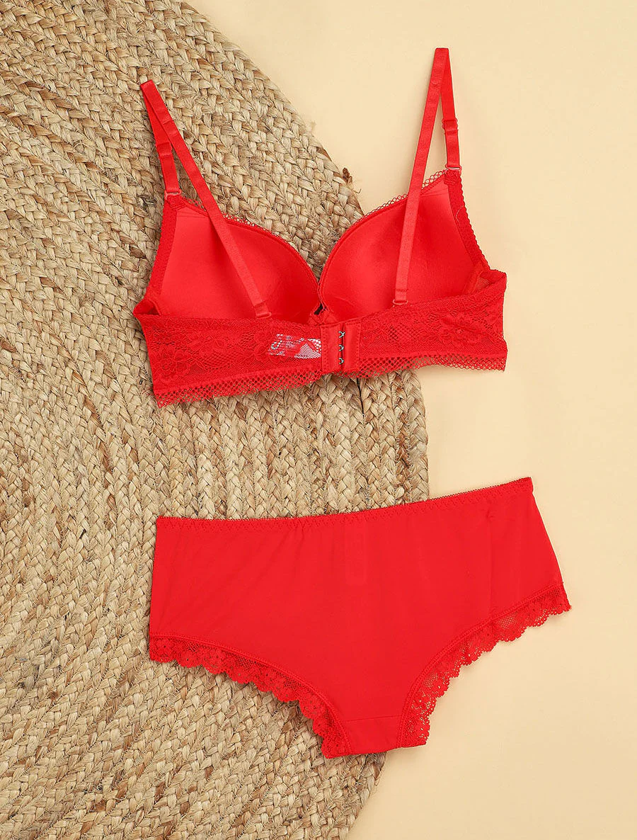 Set met fijne bloemenborduursels en shorty - Rood - Image 2