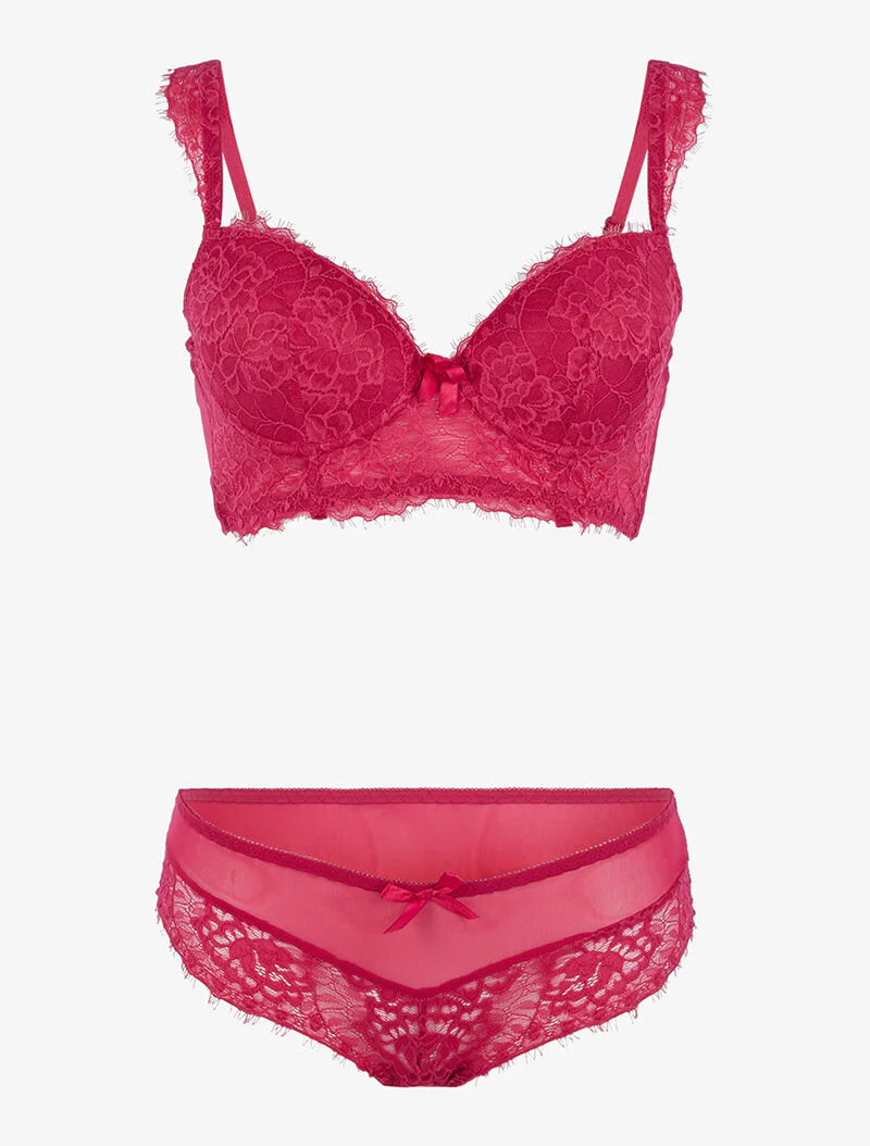 Set van netstof en bloemenkant - framboosrood - rood