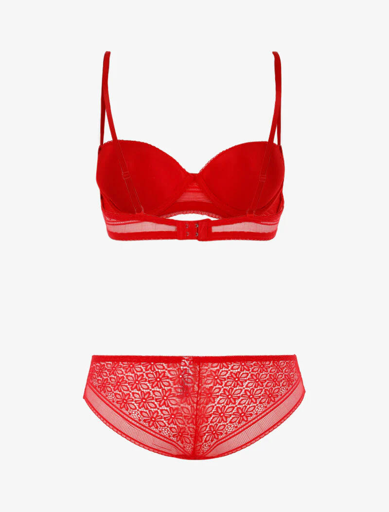 Kantenset met netstof en slipje - rood - Image 2