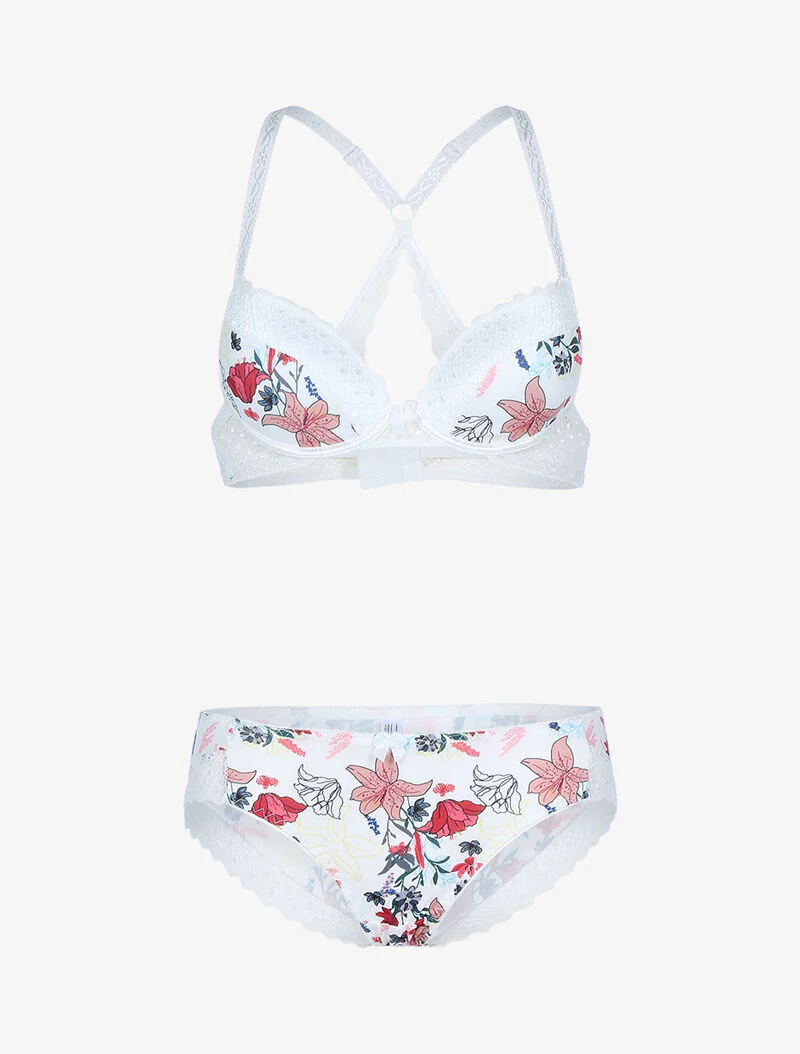 Set met bloemenprint en geborduurde randen - ecru - ecru