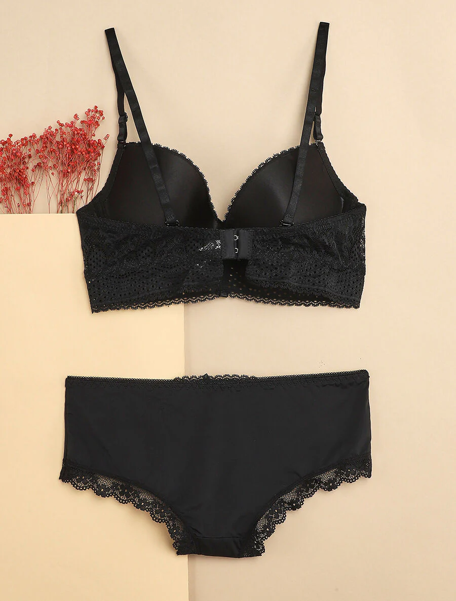 Set met brede boord in geprikte kant en shorty - Zwart - Image 2