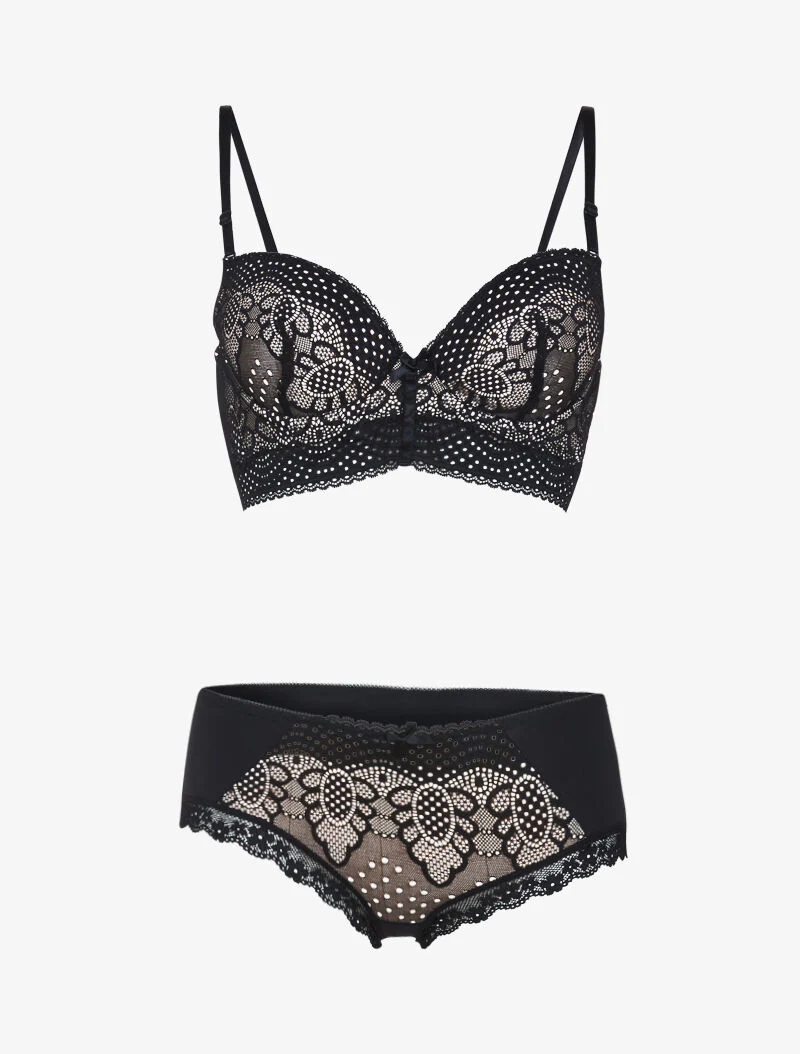 Set met geborduurde bloemen - zwart/nude