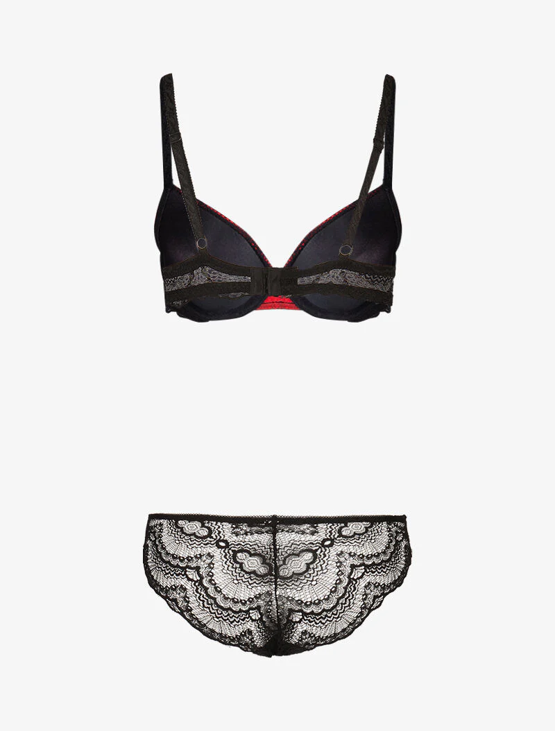 Set met inzetstukken van gaas en bloemenkant - zwart/rood - Image 2
