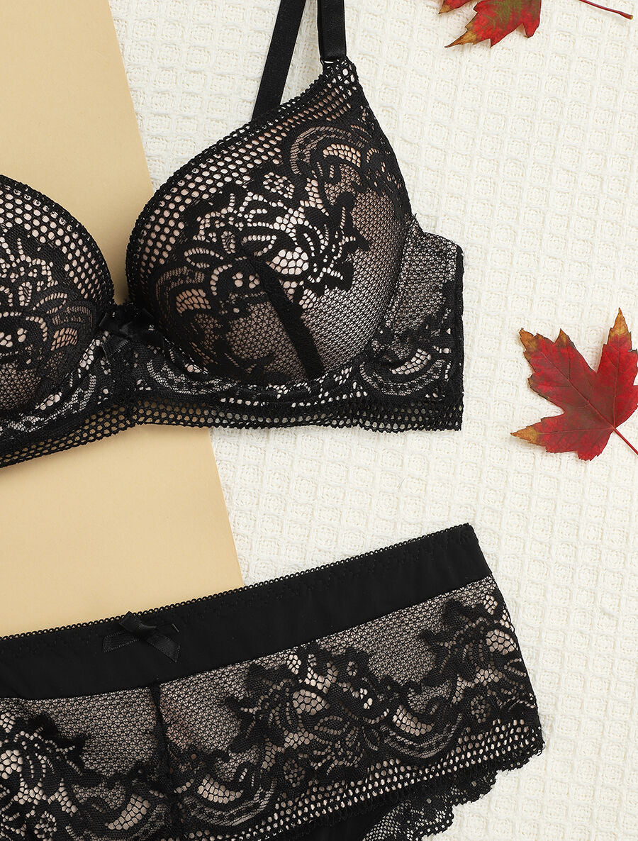 Set push-up met bloemenborduursel en shorty - Zwart/nude - Image 3