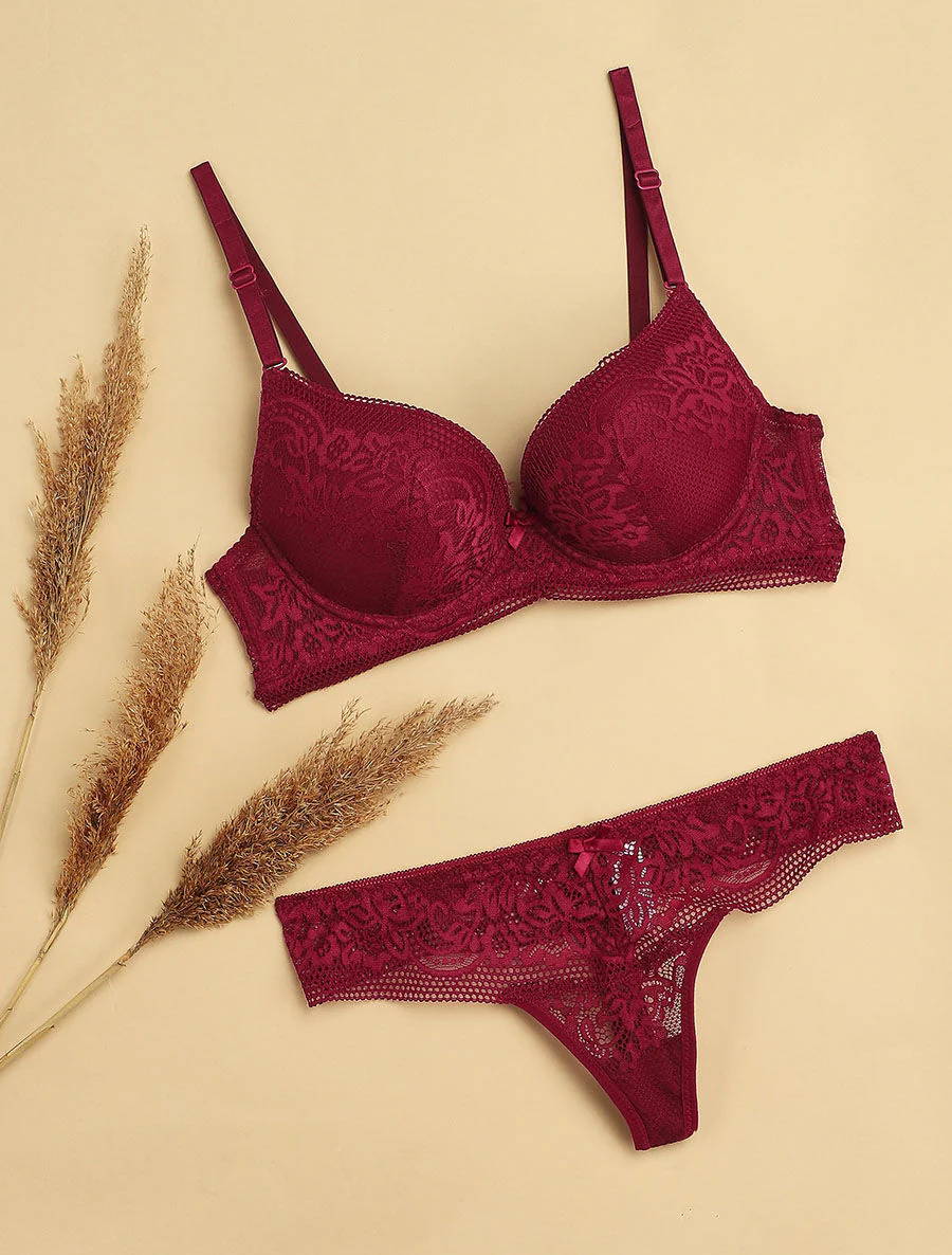 Set push-up met geborduurde bloemen en string - Pruimkleurig