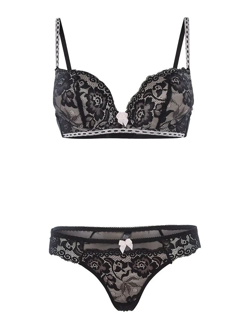 Set SG en string met contrasterende bies - zwart/roze