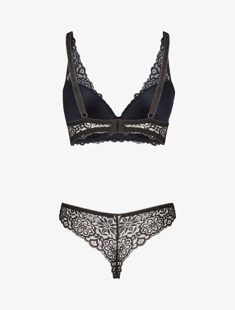 Set van bloemige kanten lingerie met vulling - zwart - Image 2