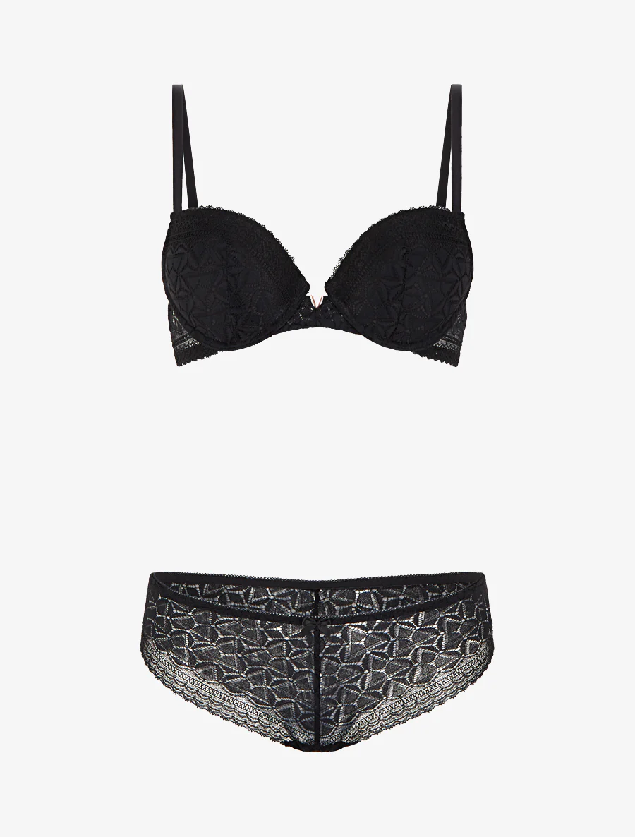 Set van opengewerkte beha en slip met juweel. - Zwart - Image 2