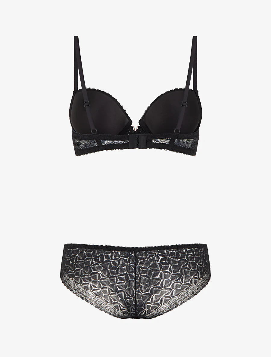 Set van opengewerkte beha en slip met juweel. - Zwart - Image 3