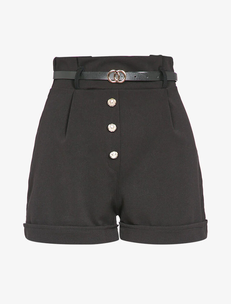 Hoge taille korte broek met gestileerde knopen - Zwart