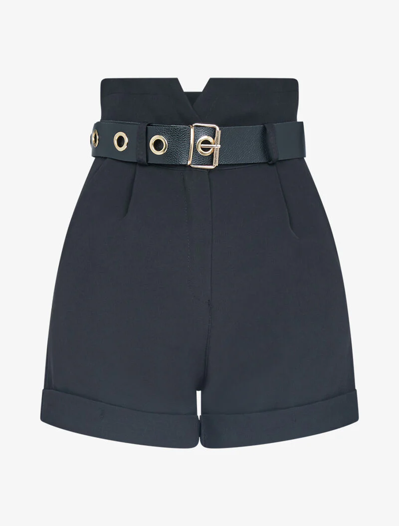 Hoge taille korte broek met riem - Zwart