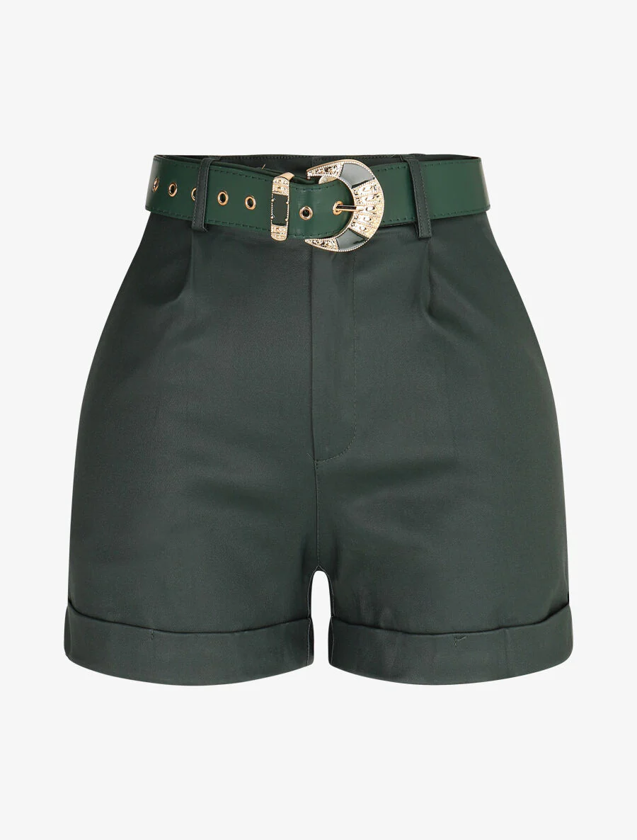 Shorts van imitatieleer met revers - Dennengroen