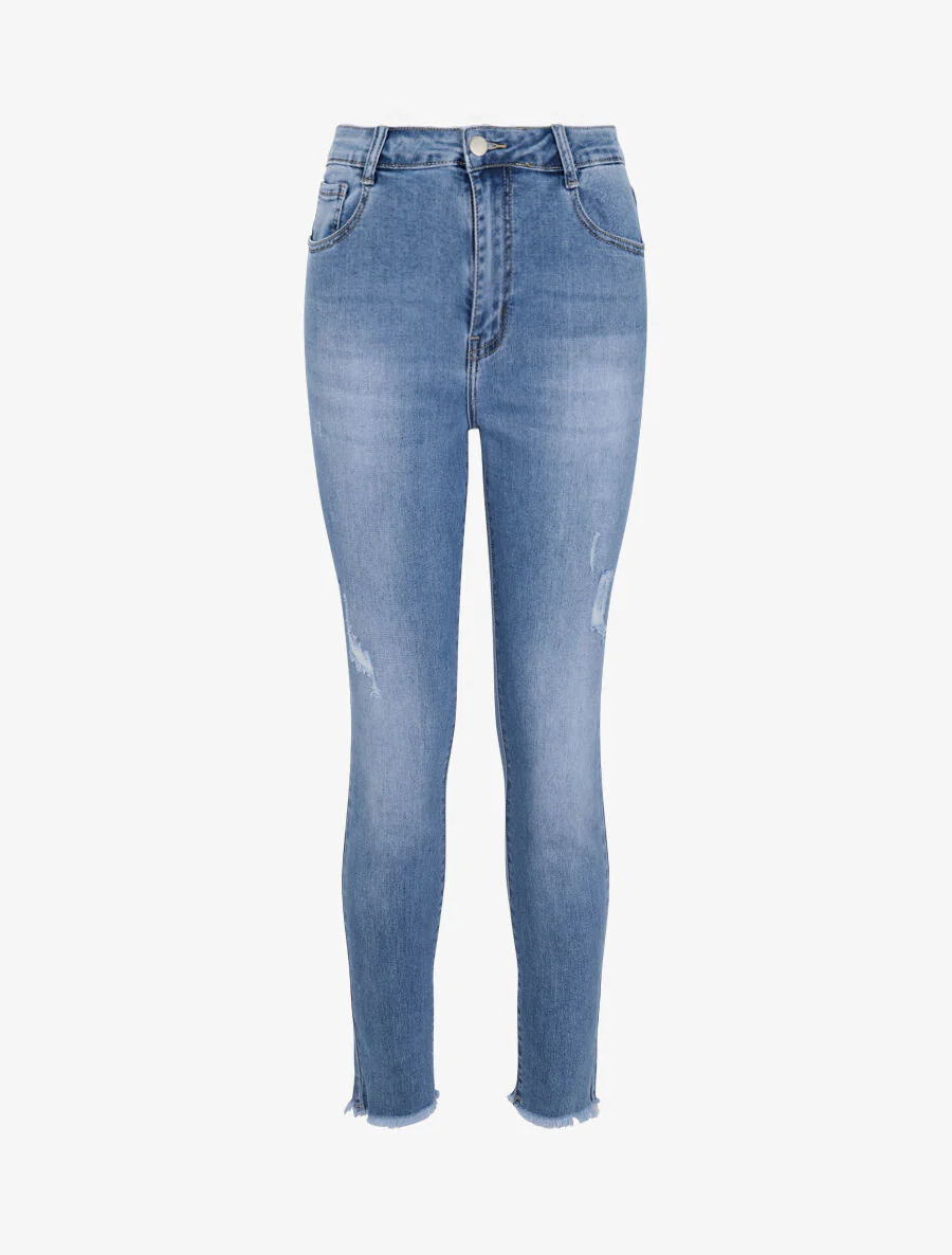 Skinny jeans met hoge taille en ruwe randen - Lichtblauw