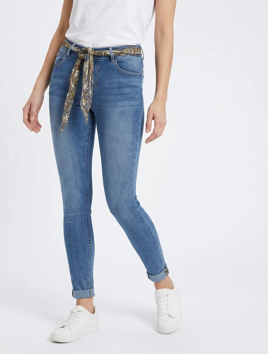 Skinny jeans met fantasiezoom en riem - Blauw - Image 4