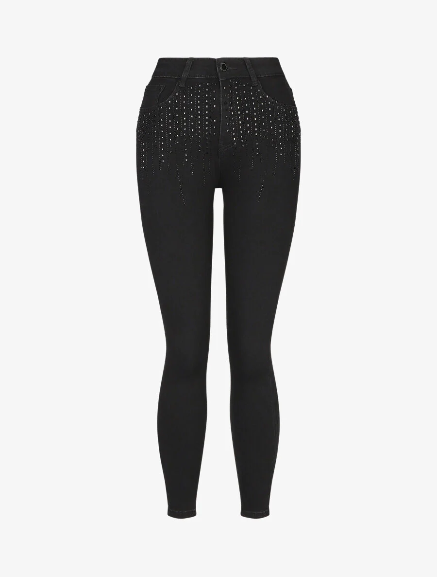 Skinny jeans met hoge taille en strass steentjes - zwart