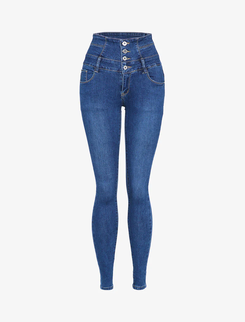 Skinny jeans met hoge taille en contrasterende naden - Blauw denim