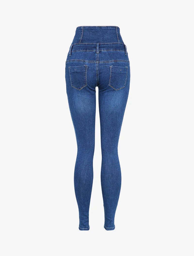 Skinny jeans met hoge taille en contrasterende naden - Blauw denim - Image 2