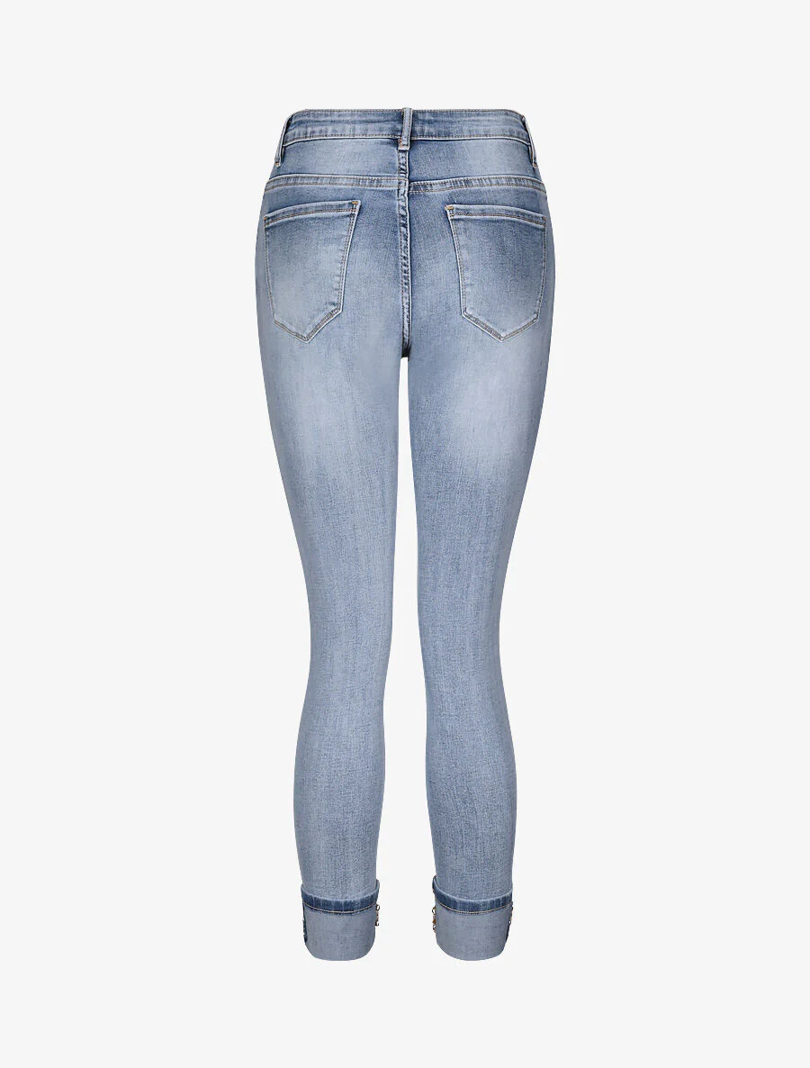 Slim-fit broek met omgeslagen zoom versierd met borduursels en pailletten - Lichtblauw - Image 2